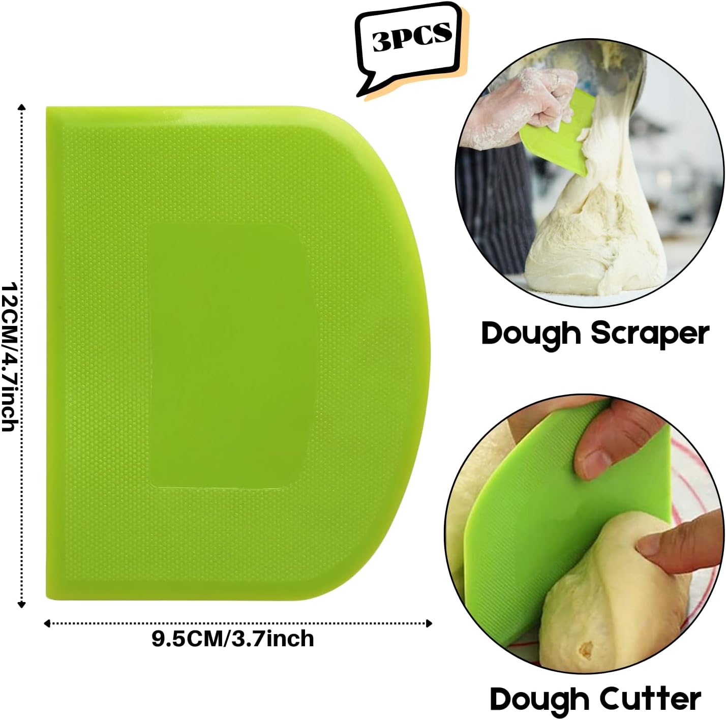 Dough Scraper Bench Scraper Set of 3, Flexible Plastic Bowl Scrapers with Sharp Edge for Baking, Cake Decorating and Dough Cutting, Green and White