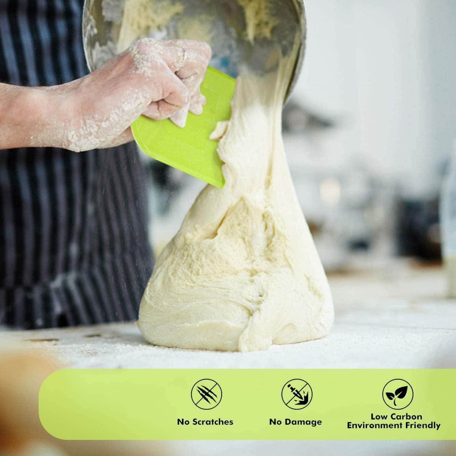 Dough Scraper Bench Scraper Set of 3, Flexible Plastic Bowl Scrapers with Sharp Edge for Baking, Cake Decorating and Dough Cutting, Green and White